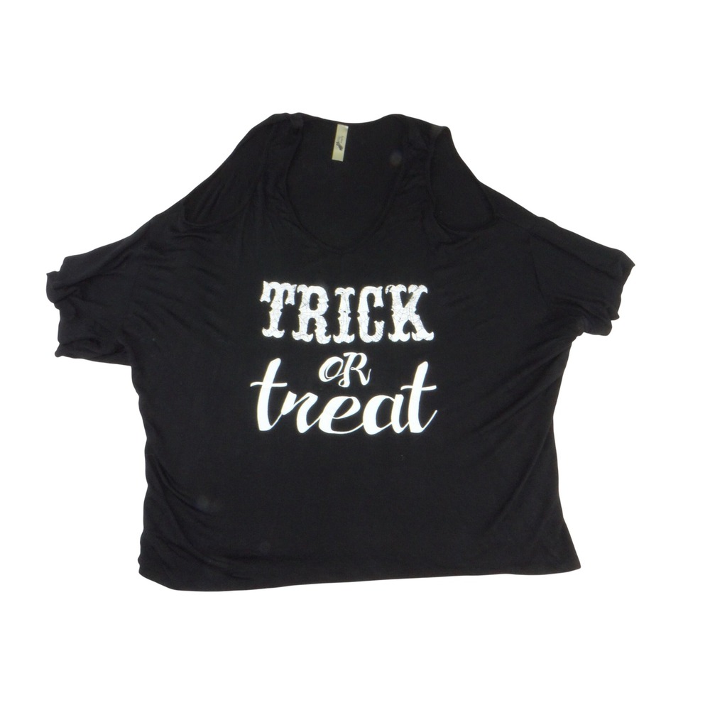 Arden Clothing Womens Black Trick or Treat Cold Shoulder Graphic Tee Halloween